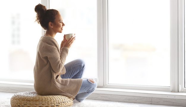 Beautiful,African,American,Girl,Drinking,Coffee,At,Home
